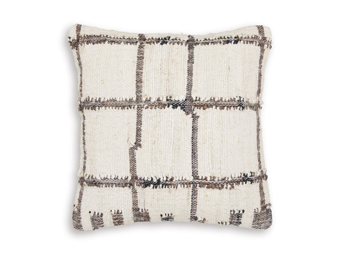 Square plaid cushion with off-white fabric and dark vertical and horizontal lines