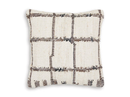 Square plaid cushion with off-white fabric and dark vertical and horizontal lines