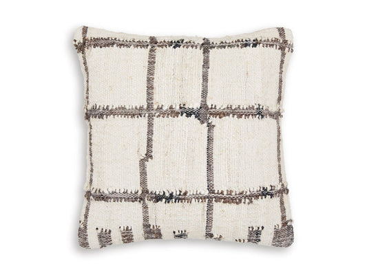 Square plaid cushion with off-white fabric and dark vertical and horizontal lines