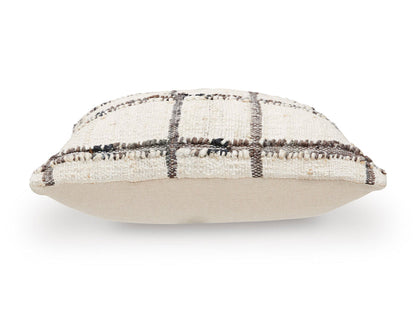 Plaid throw pillow with off-white base and dark grid lines, side view