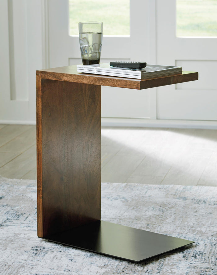 Dark wood accent table with square top and sleek metal base plate
