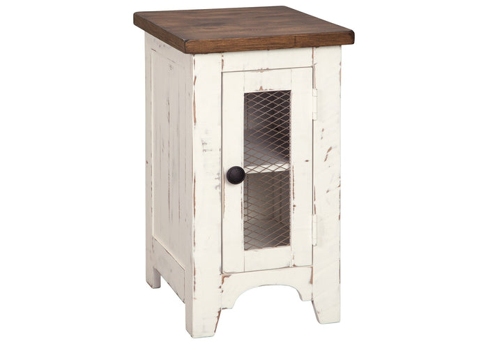 Chairside end table with dark brown top, white distressed body, mesh door and round knob