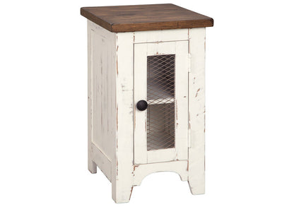 Chairside end table with dark brown top, white distressed body, mesh door and round knob