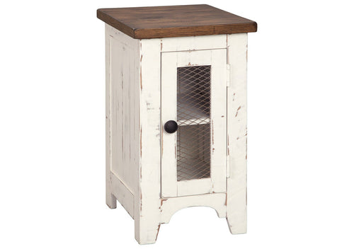 Chairside end table with dark brown top, white distressed body, mesh door and round knob