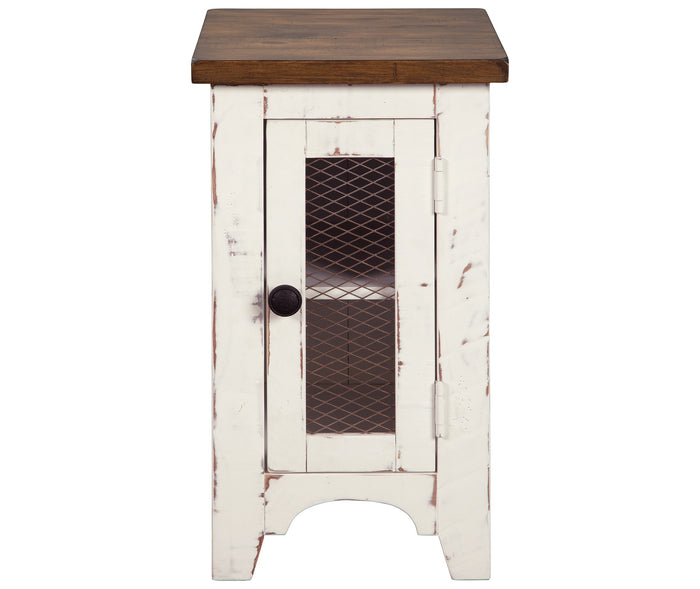 Chairside end table with dark brown top, white distressed body, mesh front door and round knob