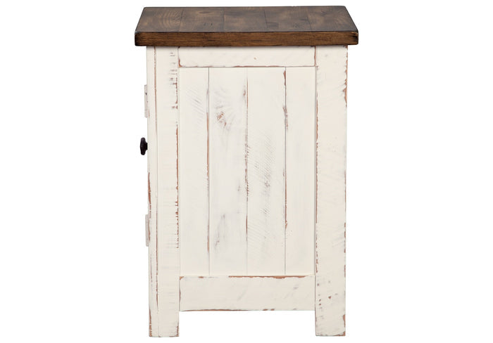 Chairside end table with dark brown top, white distressed panels and arched bottom