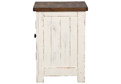 Chairside end table with dark brown top, white distressed panels and arched bottom