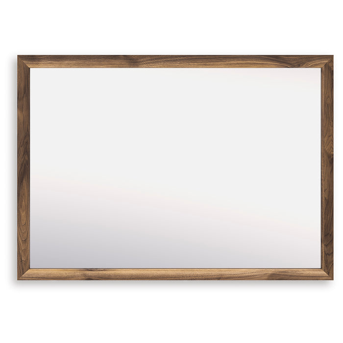 Rectangular wood-framed bedroom mirror with a dark brown border