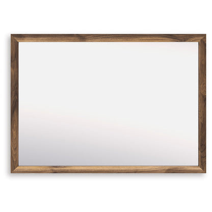 Rectangular wood-framed bedroom mirror with a dark brown border