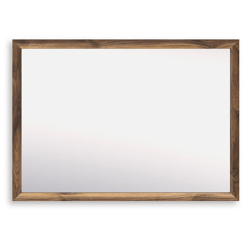 Rectangular wood-framed bedroom mirror with a dark brown border
