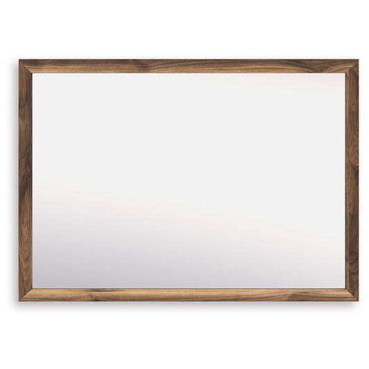 Rectangular wood-framed bedroom mirror with a dark brown border