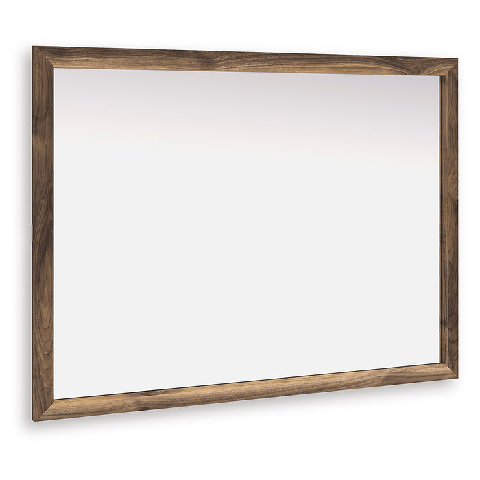 Wall-ready rectangular bedroom mirror with wide dark brown wooden frame
